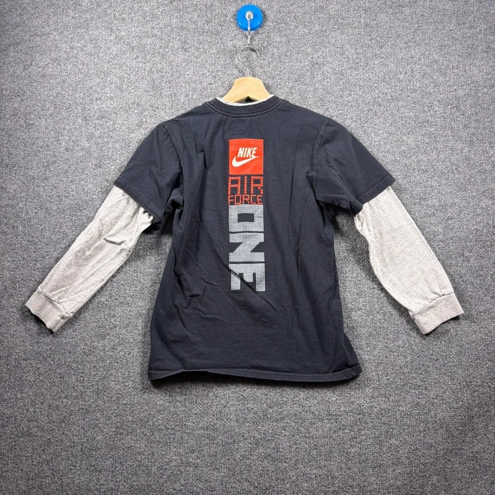 Y2K Nike Air Force One Shirt Boys M Black Grey Layered Long Sleeve Graphic Tee